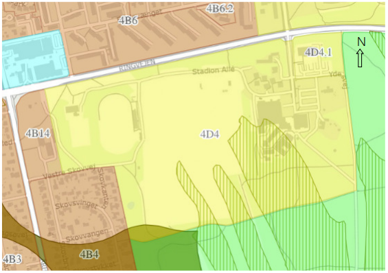 Illustration af økologisk forbindelse (udfyldt flade mod sydvest) og særlige naturbeskyttelsesinteresser (skraveret flade mod sydøst). Kilde Styrelsen for Dataforsyning og Effektivisering samt PLST